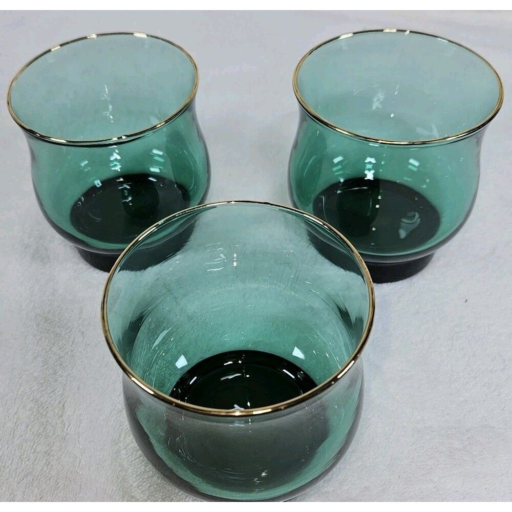 Vintage Libbey Juniper Green Gold Rim Tulip Highball Glasses Set Of 3‎